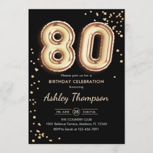 80th Birthday - Gold Balloons Black Invitation