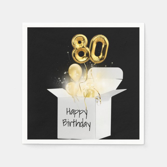 80th Birthday Gold Balloons In White Box Napkin (Front)
