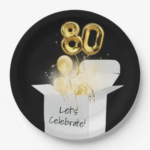 80th Birthday Gold Balloons In White Box Paper Plate