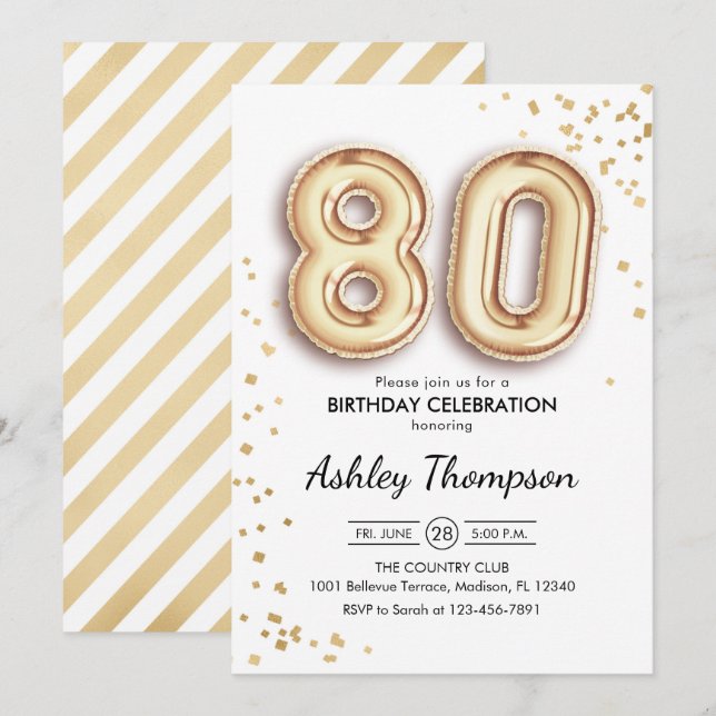 80th Birthday - Gold Balloons Invitation (Front/Back)