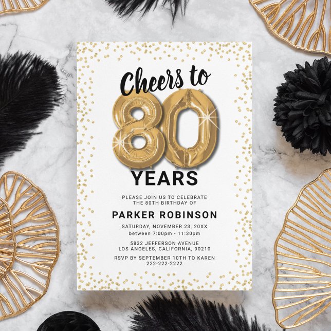 80th Birthday Gold Balloons Invitation (Creator Uploaded)