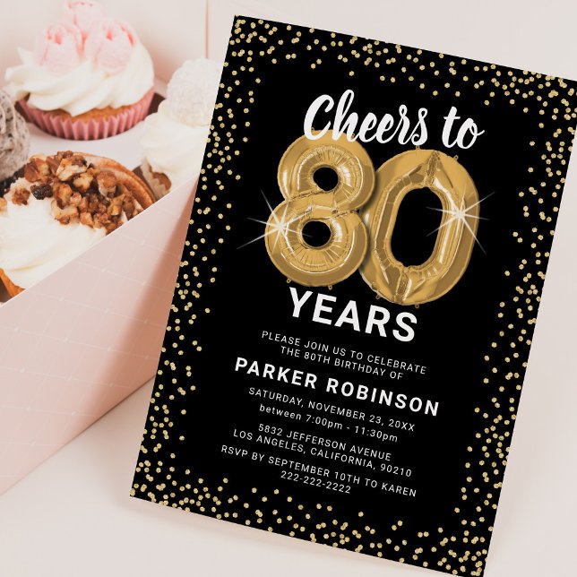 80th Birthday Gold Balloons Invitation (Creator Uploaded)