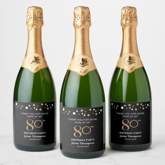 80th birthday Gold black confetti thank you Custom Sparkling Wine Label (Bottles)