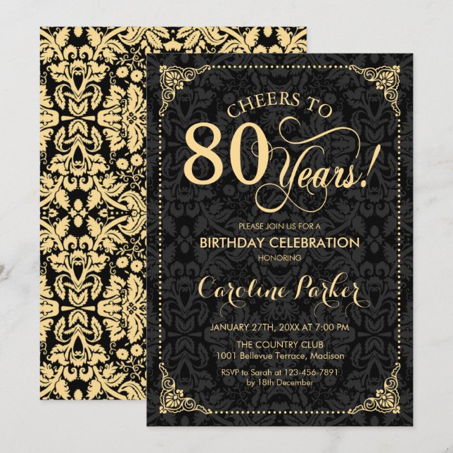 80th Birthday - Gold Black Damask Invitation (Front/Back)