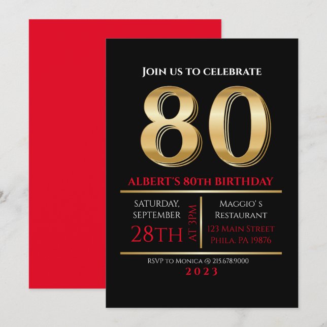 80th Birthday Gold Black Party Invitation (Front/Back)