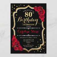 80th Birthday - Gold Black Red Roses