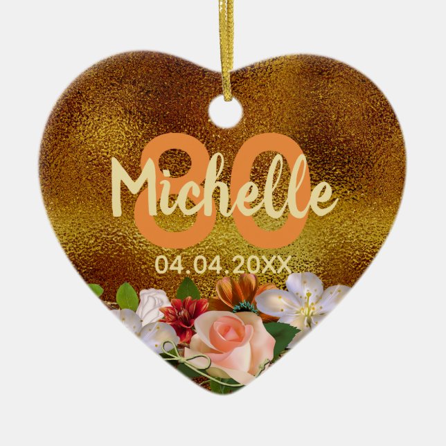 80th birthday gold floral name date ceramic tree decoration (Front)
