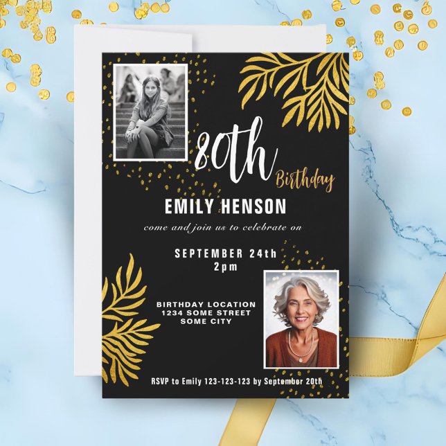80th Birthday Gold Foliage 2 Photo Party Invitation (Creator Uploaded)