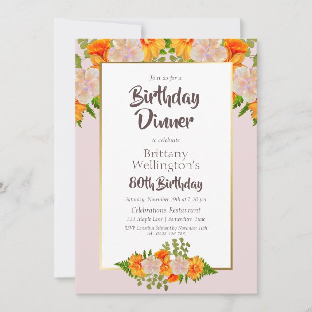 80th Birthday Gold Frame Pink Floral Party Invitation (Front)