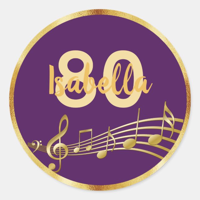 80th birthday gold music notes on elegant purple classic round sticker (Front)