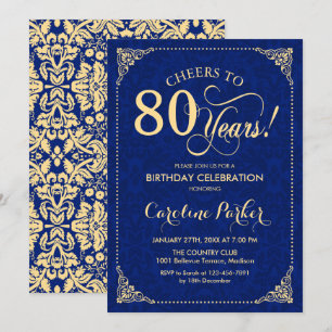 80th Birthday - Gold Navy Damask Invitation