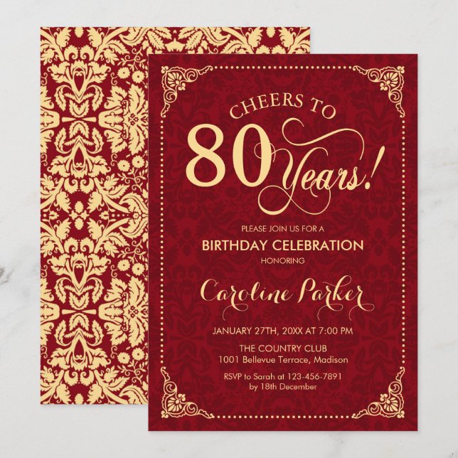 80th Birthday - Gold Red Damask Invitation (Front/Back)