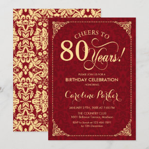 80th Birthday - Gold Red Damask Invitation