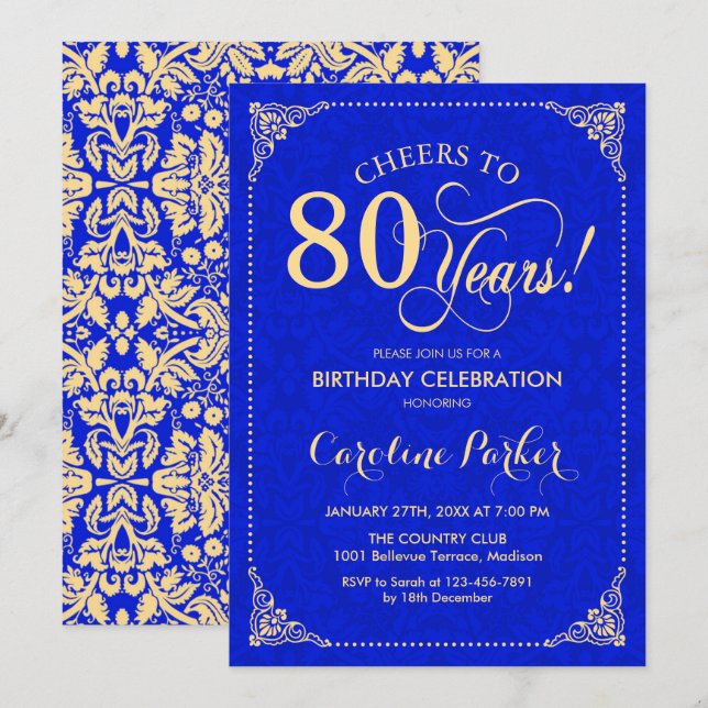 80th Birthday - Gold Royal Blue Damask Invitation (Front/Back)