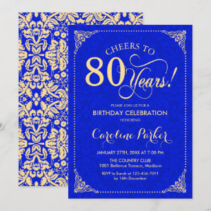 80th Birthday - Gold Royal Blue Damask Invitation