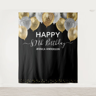 80th Birthday Gold Silver Black Balloons Tapestry