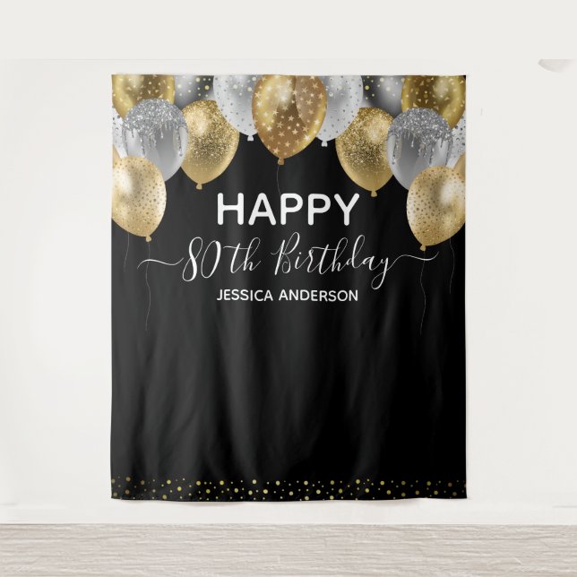 80th Birthday Gold Silver Black Balloons Tapestry (Front)