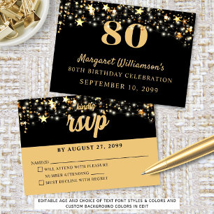 80th Birthday Gold Stars Custom Colour RSVP Card