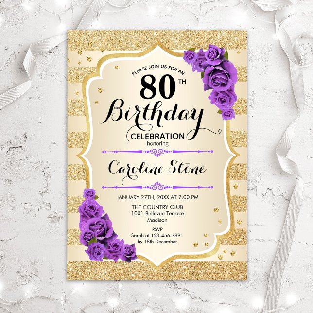 80th Birthday - Gold Stripes Purple Roses Invitation (Creator Uploaded)