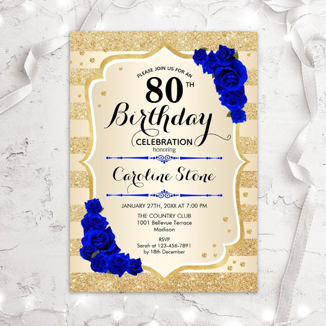80th Birthday - Gold Stripes Royal Blue Roses Invitation (Creator Uploaded)