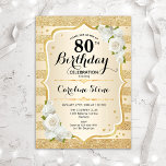 80th Birthday - Gold Stripes White Roses Invitation<br><div class="desc">80th Birthday Invitation. Elegant floral design in gold and white. Features faux glitter gold stripes,  white roses stylish script font and confetti. Perfect for a glam birthday party.</div>