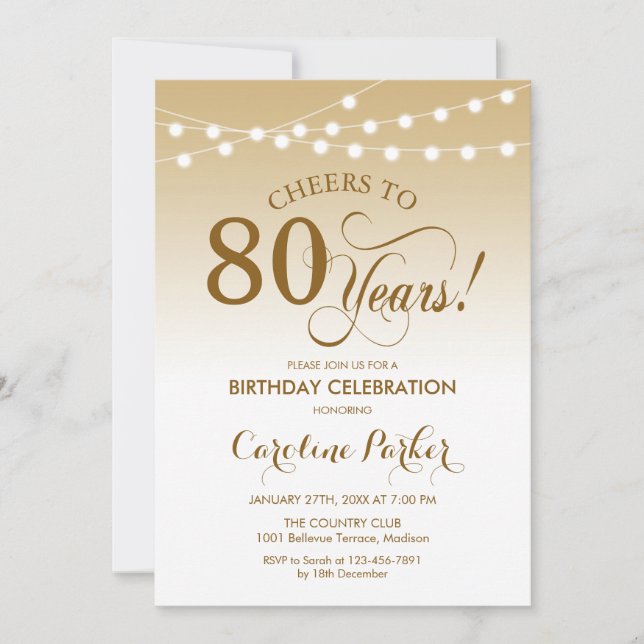 80th Birthday - Gold White Invitation (Front)