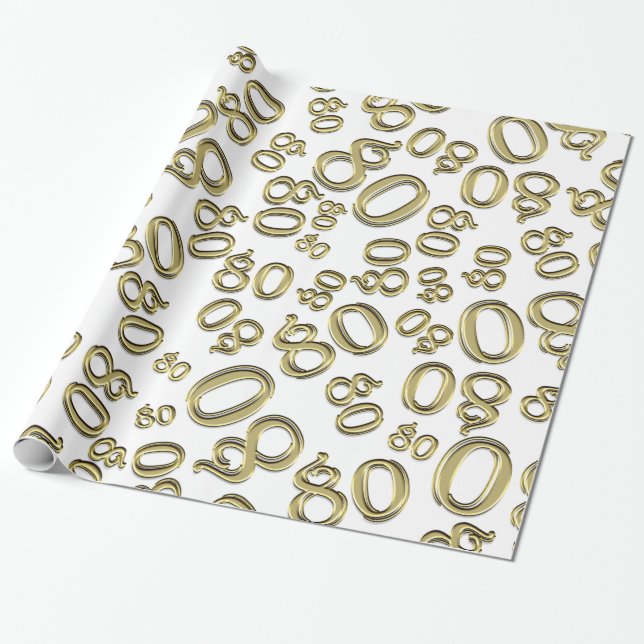 80th Birthday Gold/White number 80 Pattern (L) Wrapping Paper (Unrolled)