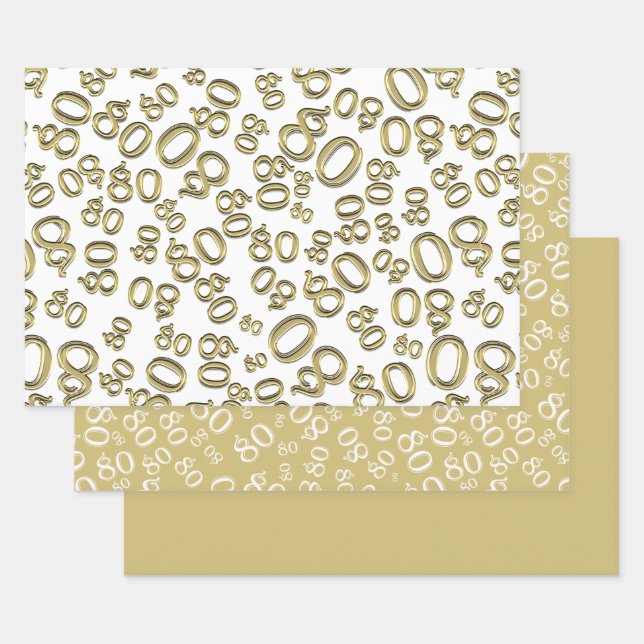 80th Birthday Gold & White Number Pattern 80 Wrapping Paper Sheet (Set)