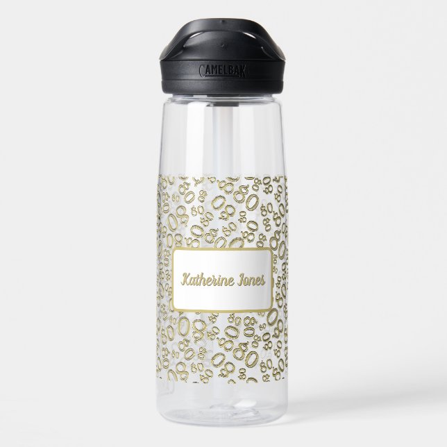 80th Birthday Gold & White Random Number Pattern Water Bottle (Back)