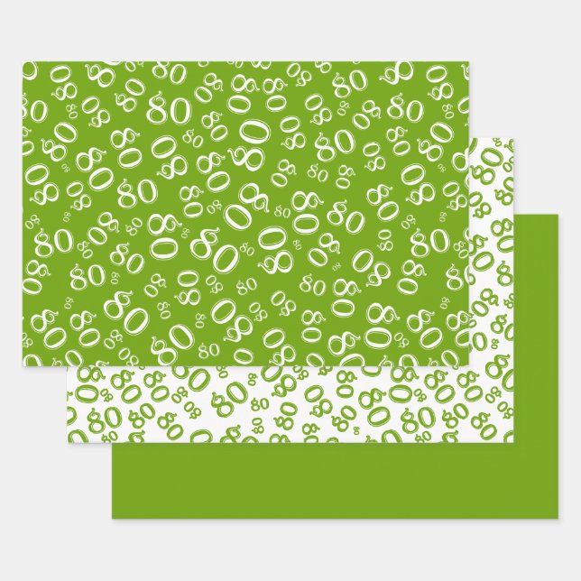 80th Birthday Green & White Number Pattern 80 Wrapping Paper Sheet (Set)