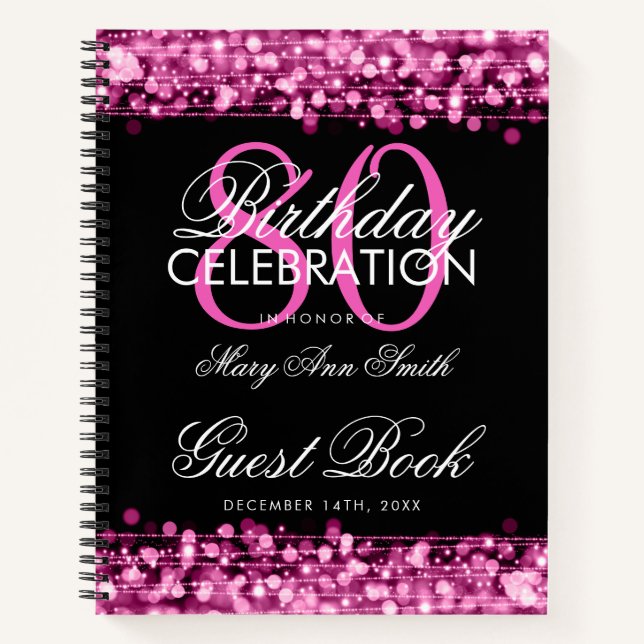 80th Birthday Guestbook Party Sparkles Pink Notebook (Front)