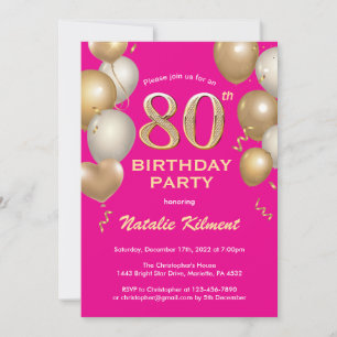 80th Birthday Hot Pink and Gold Glitter Balloons Invitation