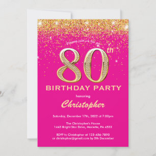 80th Birthday Hot Pink and Gold Glitter Confetti Invitation
