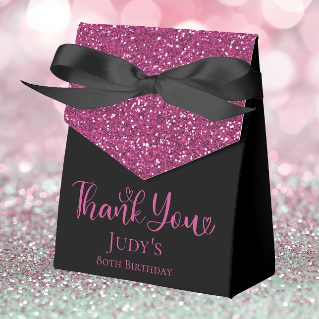 80th Birthday Hot Pink Glitter Black Thank You Favour Box (Creator Uploaded)