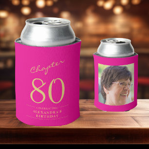 80th Birthday Hot Pink Gold Photo Template Can Cooler