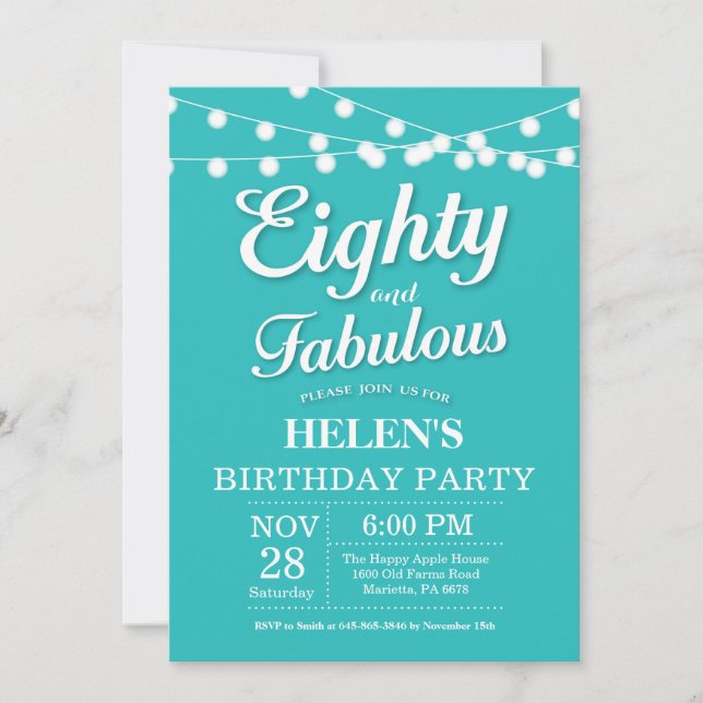80th Birthday Invitation Aqua Turquoise Fabulous (Front)