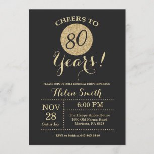 80th Birthday Invitation Black and Gold Glitter