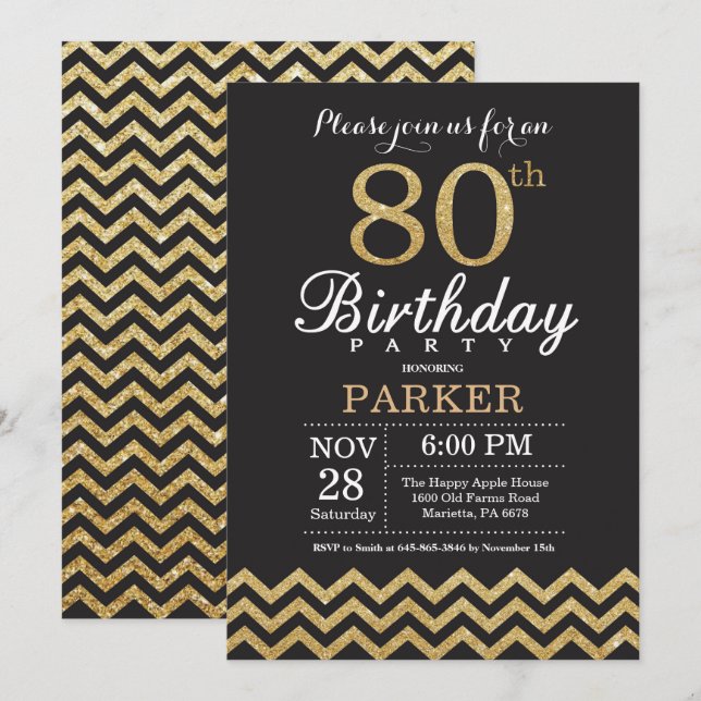 80th Birthday Invitation Black and Gold Glitter (Front/Back)