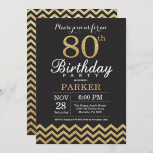 80th Birthday Invitation Black and Gold Glitter