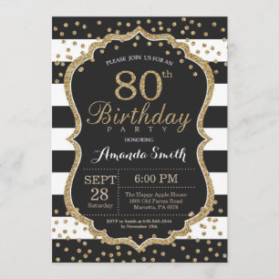 80th Birthday Invitation. Black and Gold Glitter Invitation