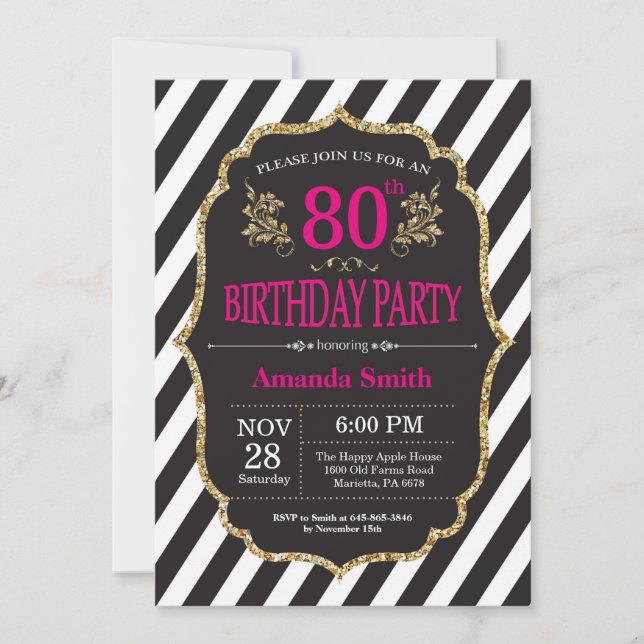 80th Birthday Invitation. Black and Gold Glitter Invitation (Front)