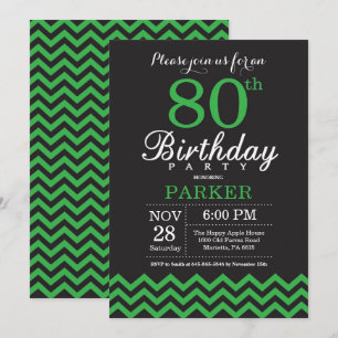 80th Birthday Invitation Black and Green Chevron