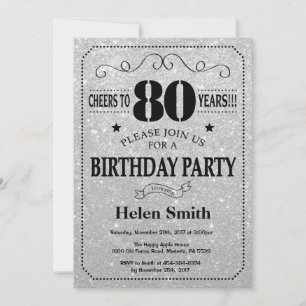80th Birthday Invitation Black and Silver Glitter