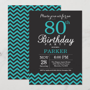 80th Birthday Invitation Black and Teal