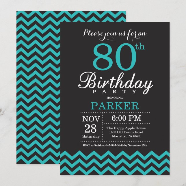 80th Birthday Invitation Black and Teal (Front/Back)