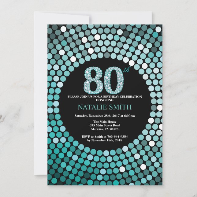 80th Birthday Invitation Black and Teal Glitter (Front)