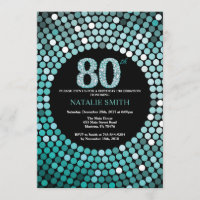 80th Birthday Invitation Black and Teal Glitter