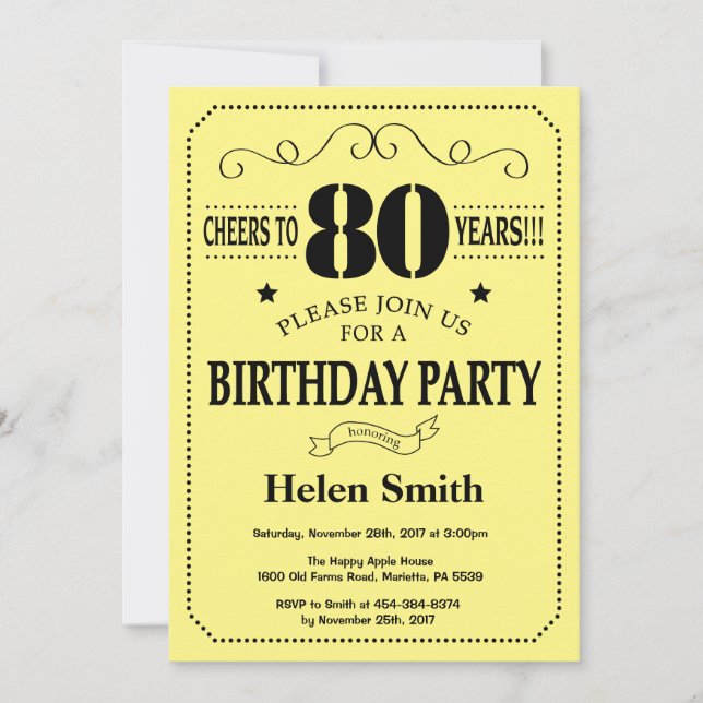 80th Birthday Invitation Black and Yellow (Front)