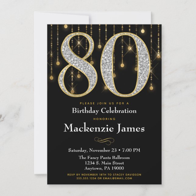 80th Birthday Invitation Black Gold Diamonds Adult (Front)
