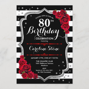 80th Birthday Invitation Black White Stripes Roses